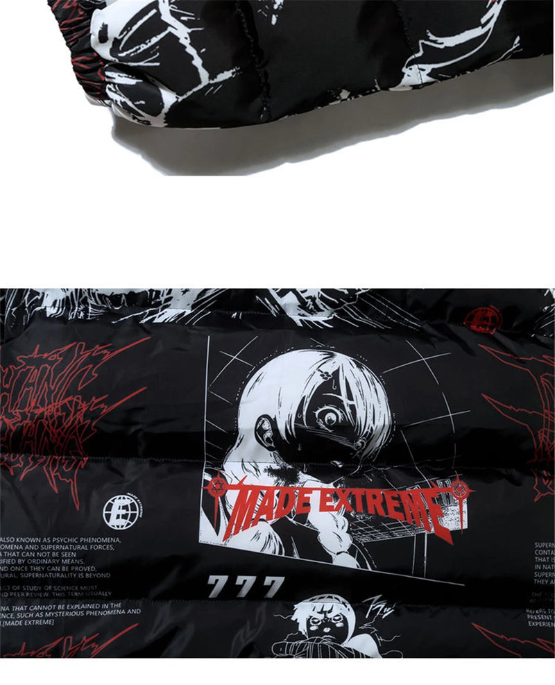 2023 Hip Hop Jacket Parka Men Anime Cartoon Graphic Padded Jacket Coat Warm Winter Streetwear Harajuku Puffer Jackets