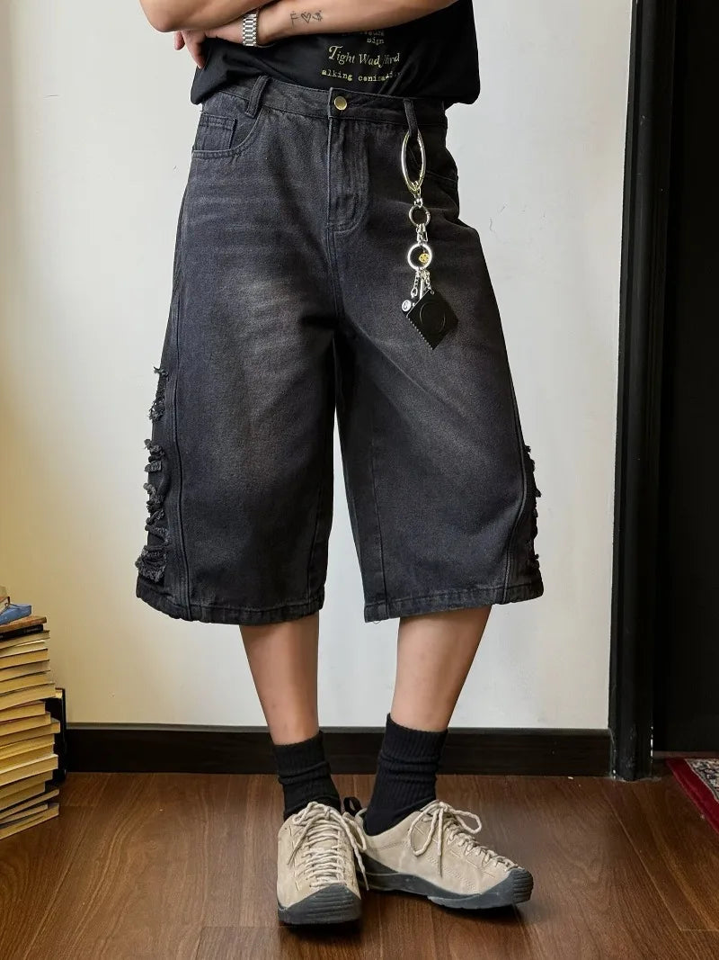 mens hip hop washed denim shorts broken hole folds burr edge street punk cowboy middle pants pockets bomber quarter pants y2k unique jeans style 4919