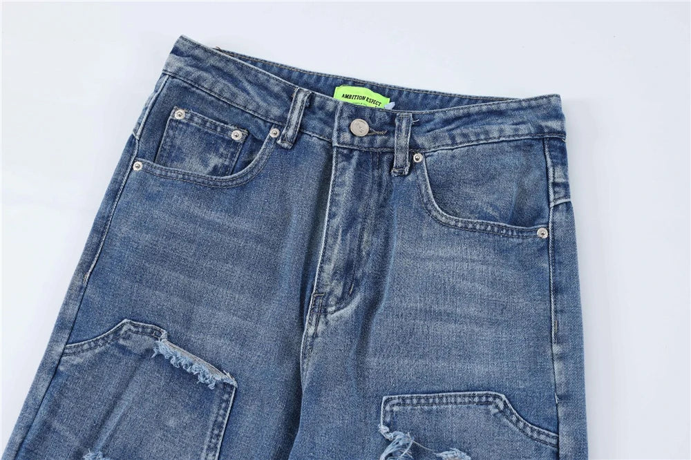 2024 ripped jeans high street straight trousers destroyed hole baggy denim pants vintage retro hip hop unique jeans style 408