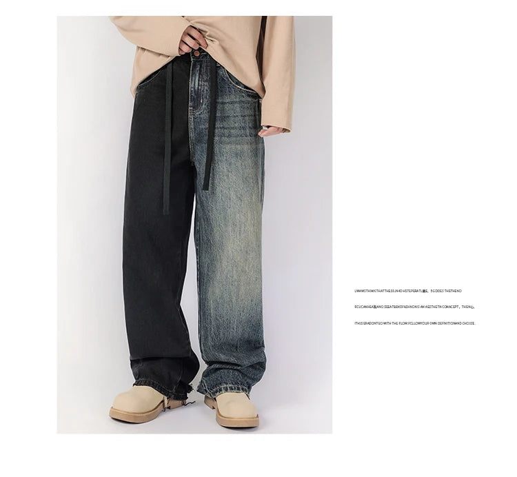men streetwear fashion black blue splice hip hop loose casual wide leg straight baggy jeans pant cityboy jeans pants trousers unique jeans style 2645