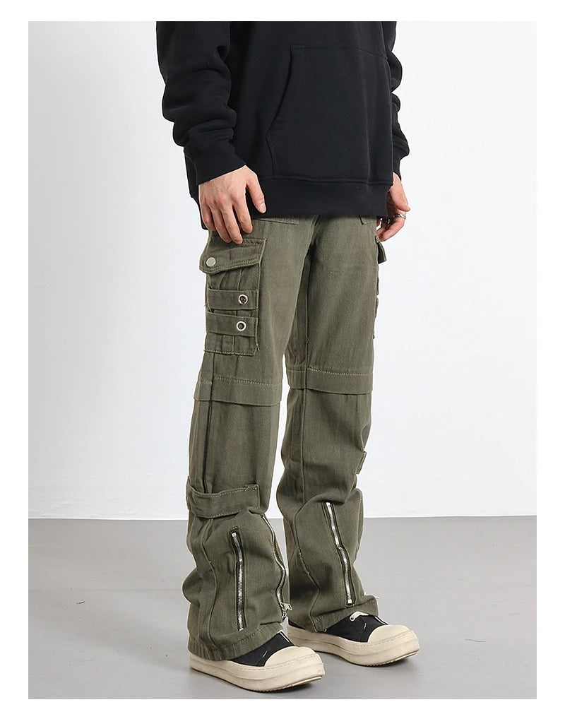 hip hip pants men bottom zipper cargo pants streetwear side pockets harajuku joggers unisex baggy loose straight cotton trousers unique joggers style 3228