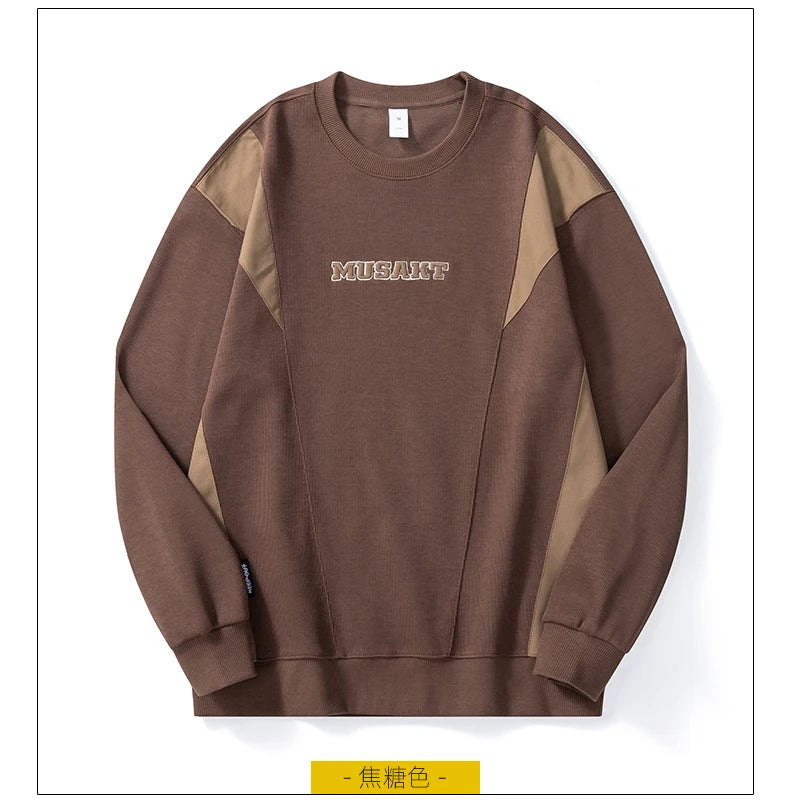 Men Handsome Splice Embroidery Fashion Loose Casual Pullover Sweatshir