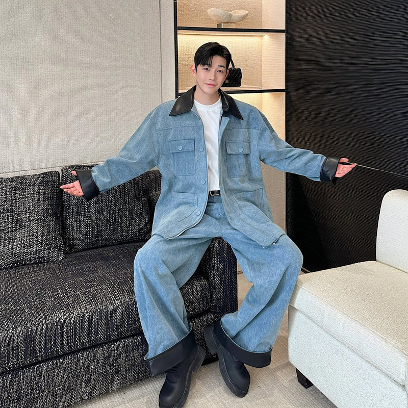 fashion show suits men streetwear washed denim splice loose casual jacket wide leg jeans pants 2 piece sets coat trousers suits unique jeans style 2746