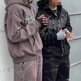 2024 European and American style loose men's zipper sweatshirt trend ins retro printed long-sleeved hooded jacket top
