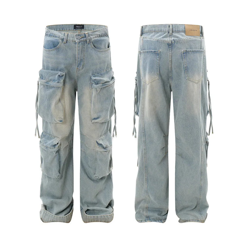vintage multi pocket baggy jeans mens harajuku cargo denim pants retro hip hop straight loose jean pants men clothing unique cargo style 1075