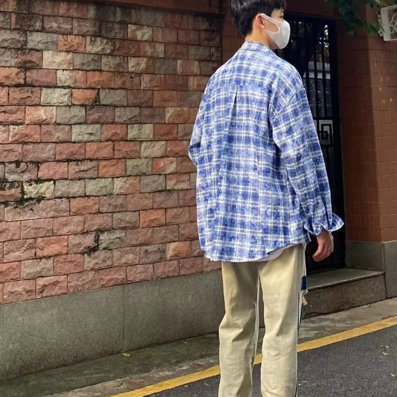 spring street fashion set mens blue plaid printed shirt color blocking trendy jeans 2 pcs set retro college suit male new unique jeans style 4675
