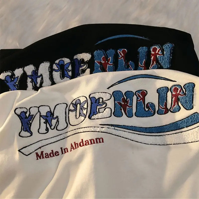 Glitchcore Melting smiley – Pure Cotton American Retro Simple Trendy Letter Short Sleeve