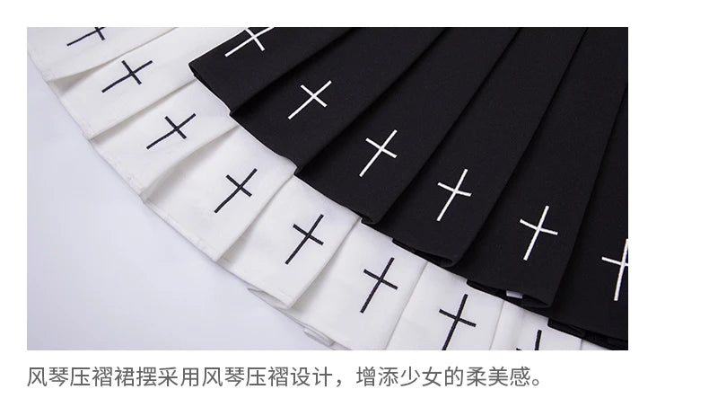 2024 Women Harajuku Sweet Fresh Feeling High Waist Pleated Skirt Elastic Waist Cross Embroidery Skirt black skirt Pleated Skirt