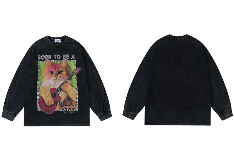 Cyberpunk Shirt – Hip Hop Long Sleeve Tshirt Streetwear Guitar Cat Graphic Pri – Edgy Streetwear for All Genders