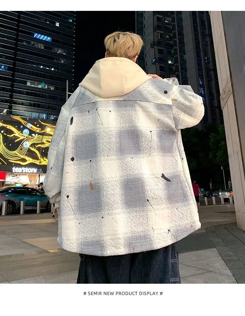 American high street men and women trendy personalized hooded cardigan sweatshirt couple loose retro plaid casual jacket top y2k