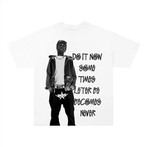 Soft street tee with 2000s star font and anime caption