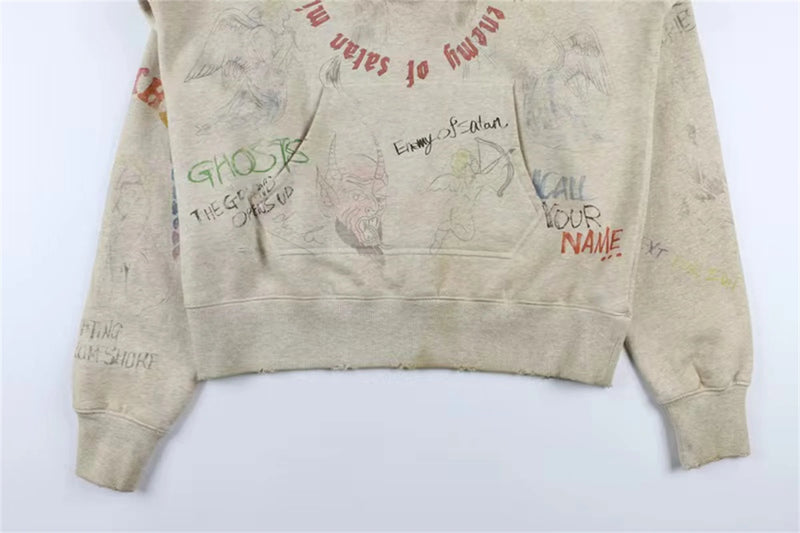 2024 New Arrival Vintage SM Brand Fashion Hand painted Graffiti Vintage ripped distressed hoodie Sweatshirt