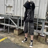 Men's and Women's High Street Vintage Splicing Cat Whisker Cargo Denim Shorts Zip Up Raw Edges Pockets Mens Jeans Shorts Ribbon