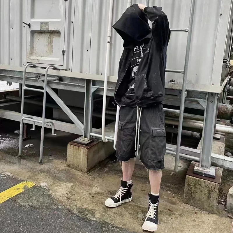 Men's and Women's High Street Vintage Splicing Cat Whisker Cargo Denim Shorts Zip Up Raw Edges Pockets Mens Jeans Shorts Ribbon