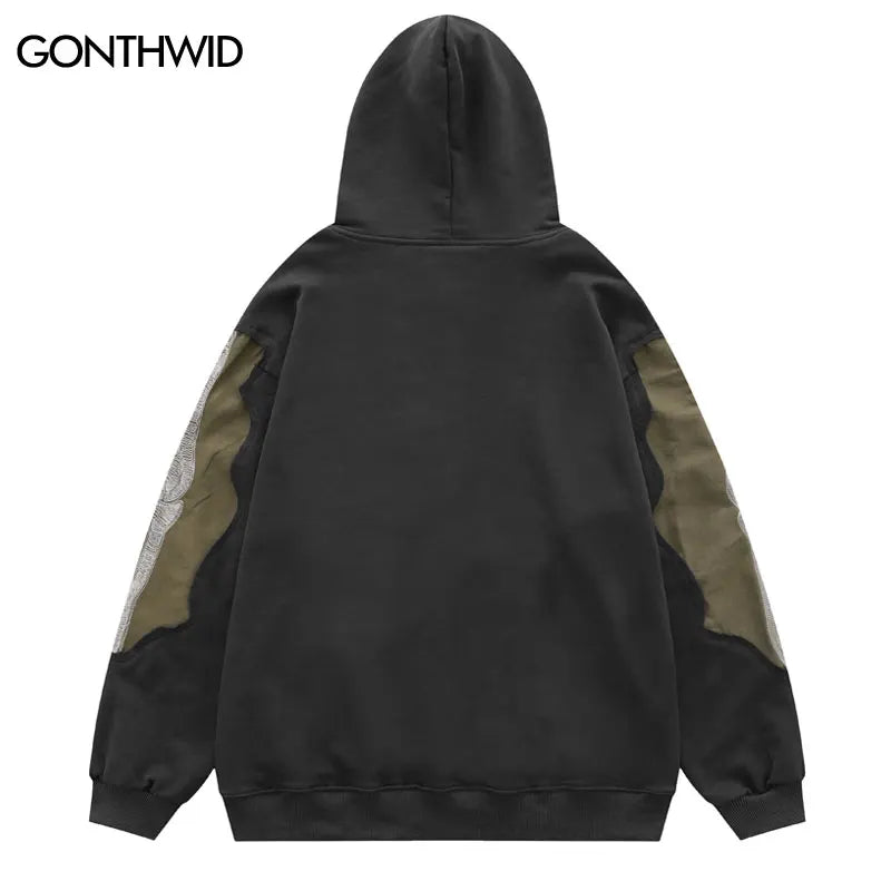 Hip Hop Men Hoodie Sweatshirt Y2K Embroidery Skeleton Skull Patch Punk