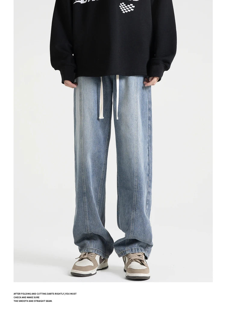 fashion loose streetwear denim pants unisex casual drewstring elastic waist jean pants hip hop trousers joggers mens baggy jeans unique joggers style 3256