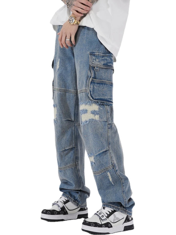 mens baggy jeans side big pocket distressed ripped denim jean straight pants high street cargo jean pants hip hop joggers jeans urban active pants