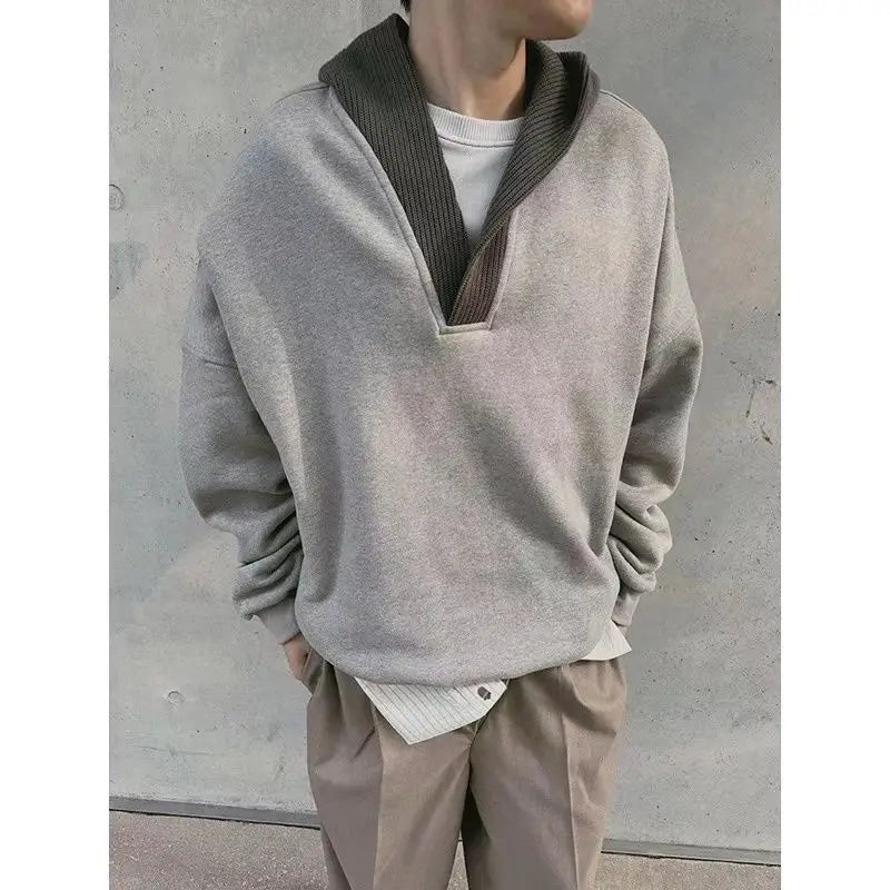 Trendy Korean Street Gray Sweatshirt Men's Spring and Autumn Knitted Ins Stitching Personalized Design Retro Top Hooded Jacket