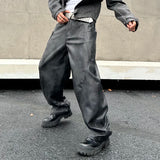 men brand fashion splice pocket loose casual wide leg leather baggy pant cityboy streetwear cargo motorcycle pants trousers multi-pocket cargos