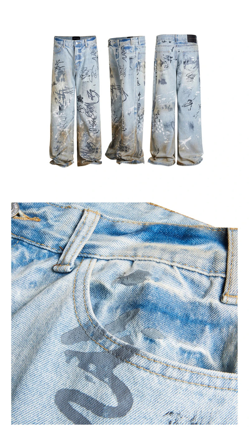 men baggy jeans graffiti printed loose straight denim pants luxury designer jeans male streetwear hip hop jeans trousers y2k unique jeans style 4526