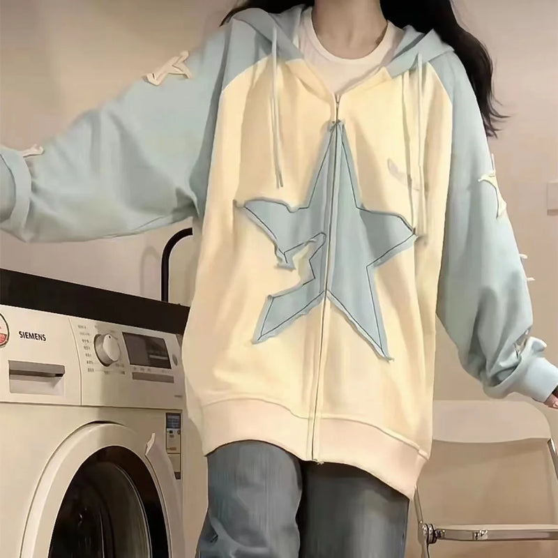 Spring Autumn Streetwear Star Graphic Zip Up Hoodie Women Vintage Y2K