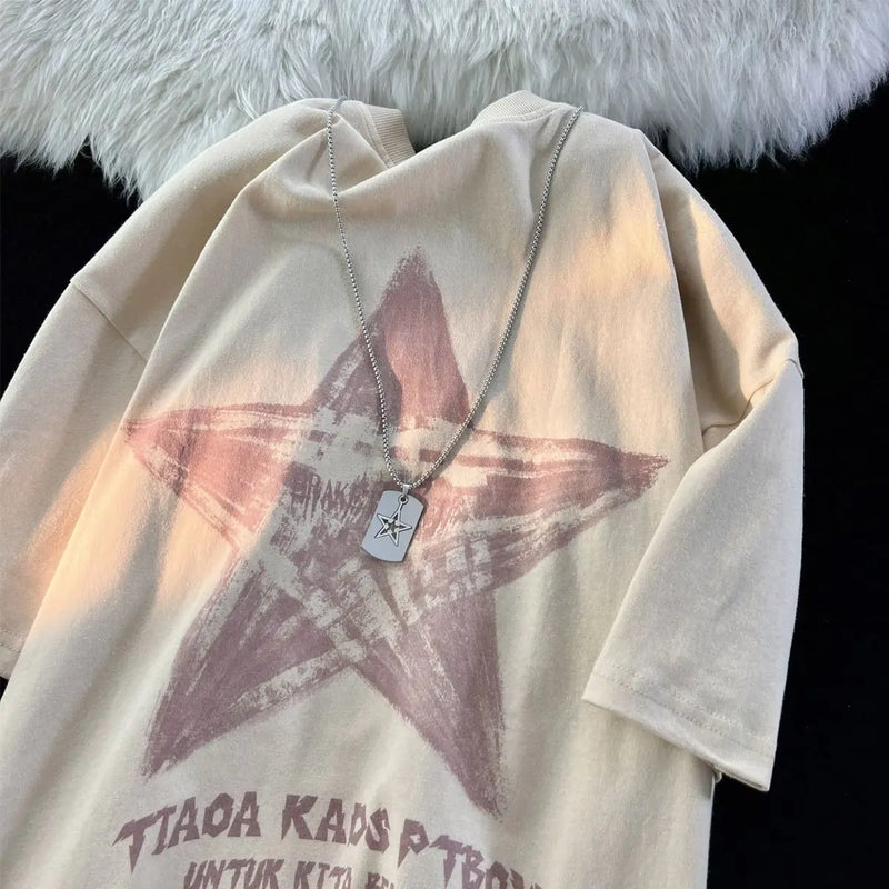 Sadcore Aesthetic drop – American Couple Loose Personalized Print Round Neck Short