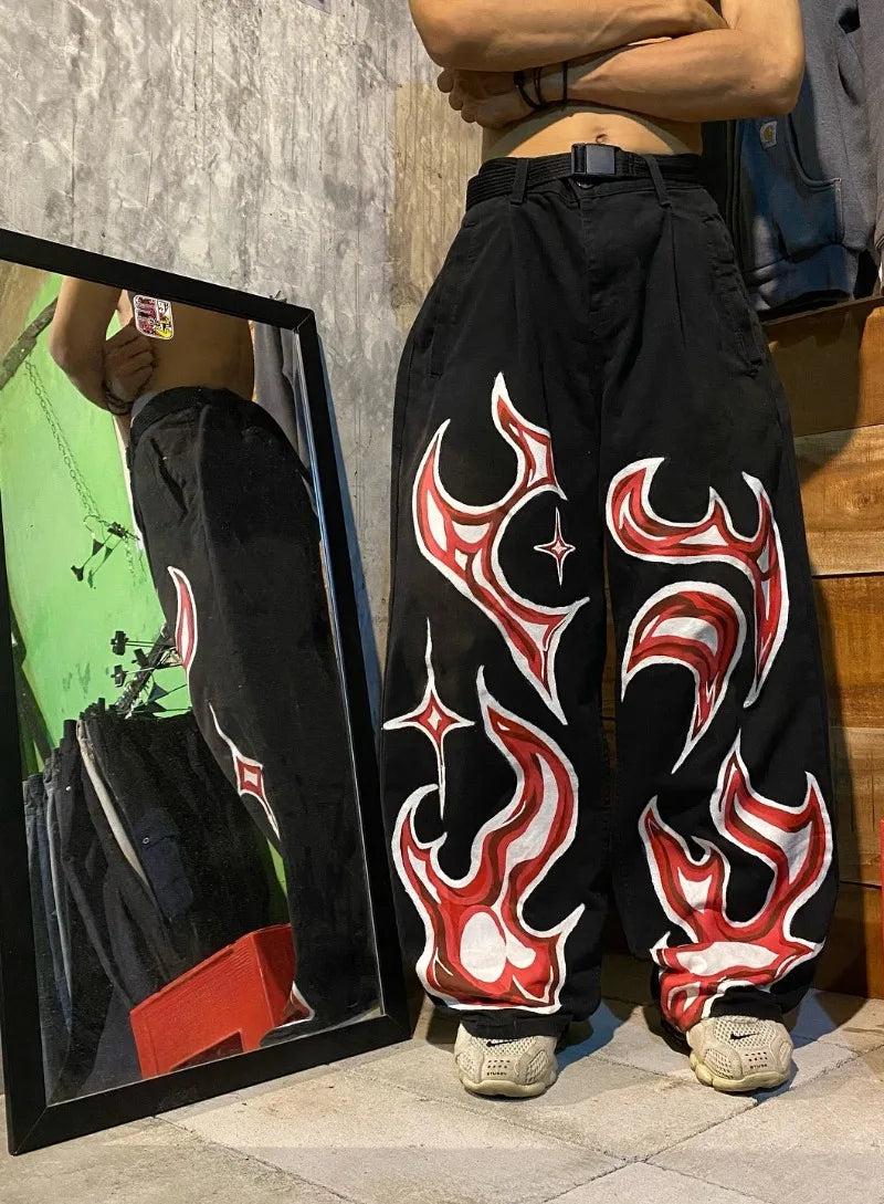 y2k men s jeans oversized hip hop goth flame pattern print baggy jeans for men retro straight wide leg denim pants streetwear unique jeans style 523