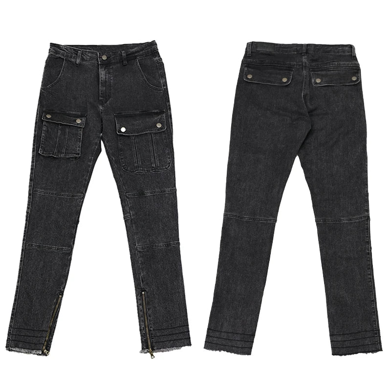 retro washed denim jeans mens bottom zipper jean trousers with pockets hip hop fashion high street slim fit pants joggers jeans unique joggers style 3096
