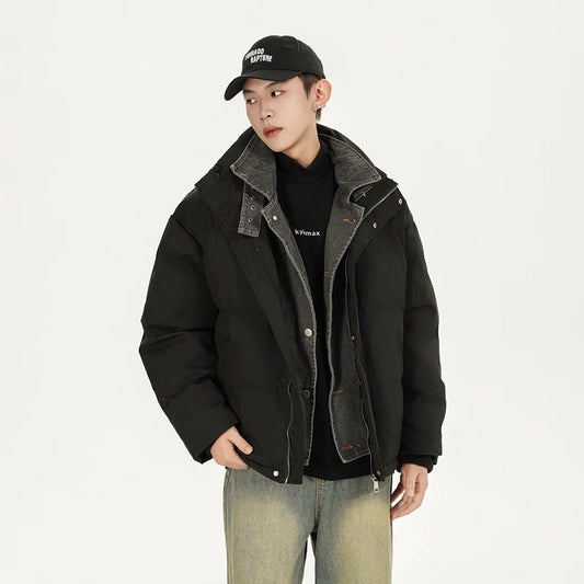 Winter Splice Denim Cotton-padded Jacket Men Women Stand Collar Fashion Loose Casual Thicken Warm Parkas Jacket Boyfriend Coat