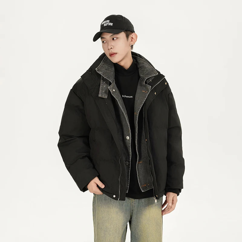 Winter Splice Denim Cotton-padded Jacket Men Women Stand Collar Fashion Loose Casual Thicken Warm Parkas Jacket Boyfriend Coat