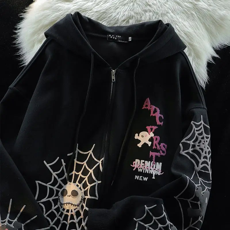 American Spider Retro Ins Printed Cardigan Hooded Sweatshirt Plus Velvet Thickened Men and Women Y2K Trendy Brand Couple Jacket