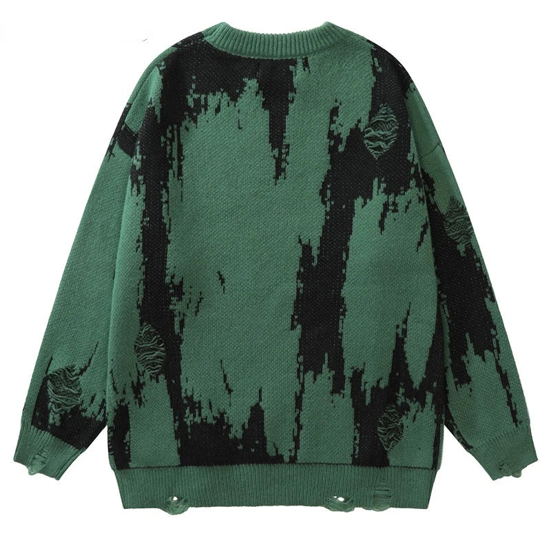 grunge knit sweater with heavyweight fabric, layered urban look for cold weather, street fashion menswear trend for seasonal 