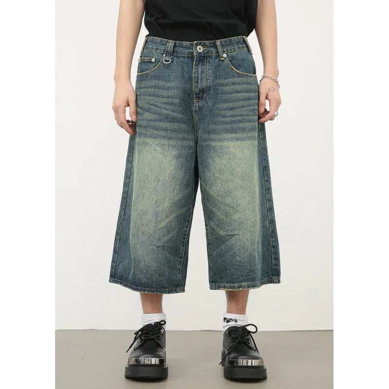 men summer streetwear fashion loose casual wide leg denim calf length jeans pants male vintage jeans baggy hosen pants unique jeans style 1487