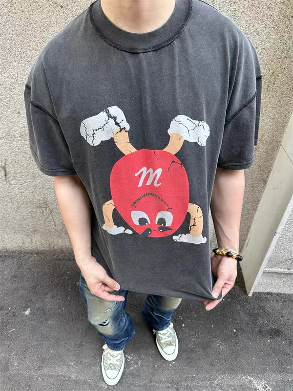 Summer Retro Chocolate Bean Crack Print Cartoon Washed Vintage Short Sleeved Creative High-quality Street Oversize Short Sleeved