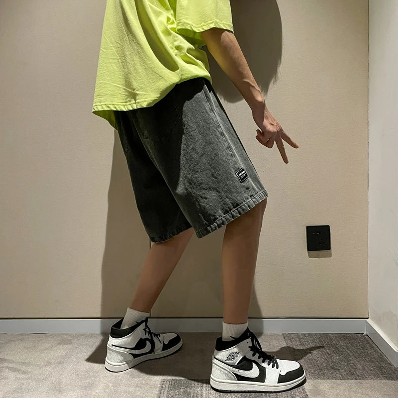 Korean Style Summer Men's Black Wide Leg Denim Shorts 2023 New Fashion Casual Baggy Short Jeans Male Brand Clothes