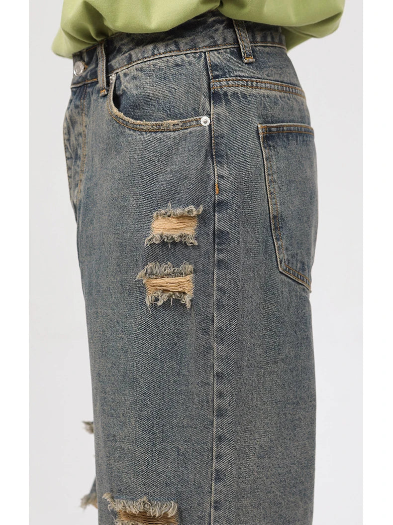 rainbowtouches 2022 men washed jeans vintage high street hole design fashion jeans popular loose straight hip hop long pants unique jeans style 4959