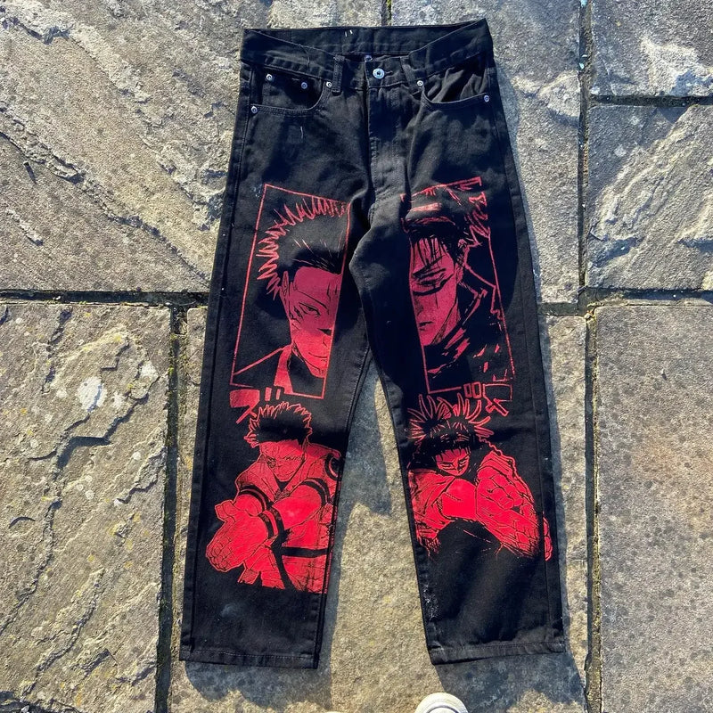 harajuku popular anime kokushibo print baggy jeans new style wide leg trouser y2k streetwear for men women high waist pants unique jeans style 4298