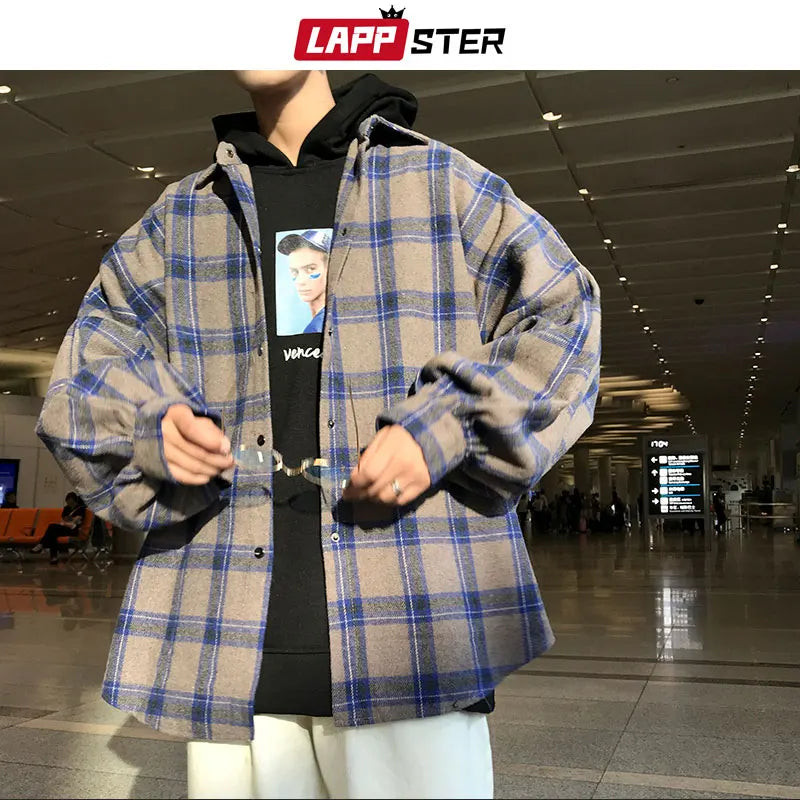 Y2k Harajuku Harajuku Plaid Shirt 2023 Man Streetwear Fleece Shirts Long Sleeve Mens Vintage Korean Fashions Clothes