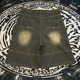 color match pocket washed baggy jeans shorts for men and women wide leg streetwear casual over knee length denim pants unique jeans style 4704