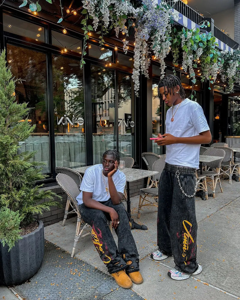 high street hip hop new black denim pants y2k goth harajuku men clothing ripped baggy jeans casual wide leg trousers streetwear stacked flare jeans