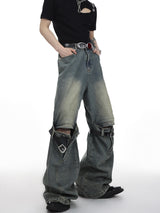 mens knee patchwork belts denim jeans unisex hip hop fashion streetwear harajuku loose flare straight y2k jean pants joggers unique joggers style 4293