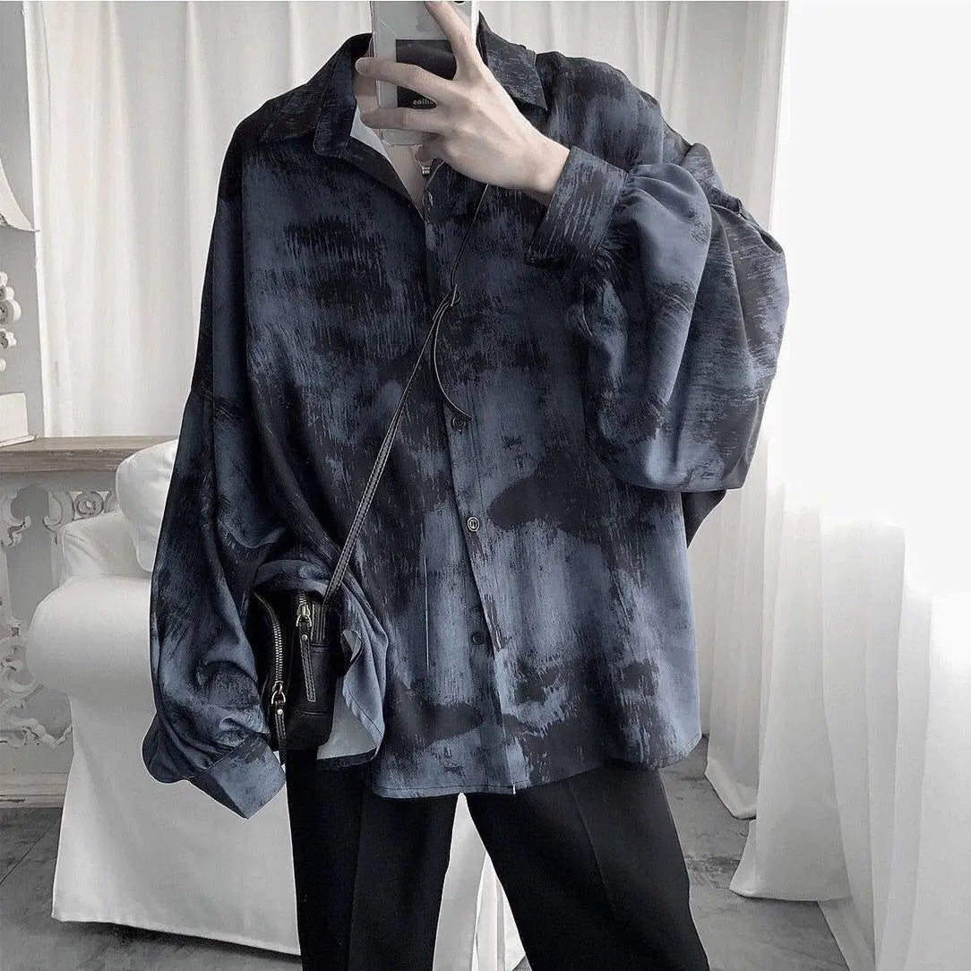 Tie dye loose shirt men long sleeved early autumn Korean version student ins men shirt dark abstinence