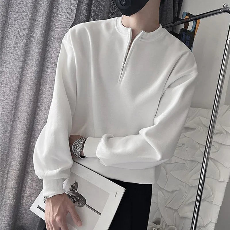 Spring Autumn Korean Casual Fashion Zipper Sweatshirt Man Business Loose All Match Male Pullover Tops Solid Streetwear Clothes