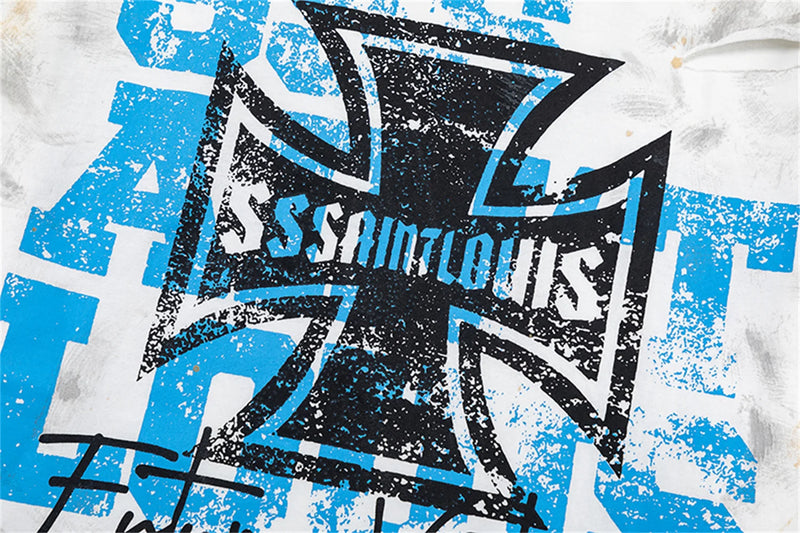 sssaint Louis Vintage Dirty Worn Distressed Cross Print High-Street Graffiti Long Sleeve T Shirt Pullover Summer