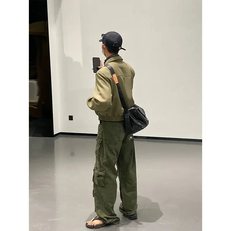 high street y2k men set casual loose lapel jacket hip hop multi pocket overalls 2 piece spring autumn fashion couple suit trend minimalist street pants