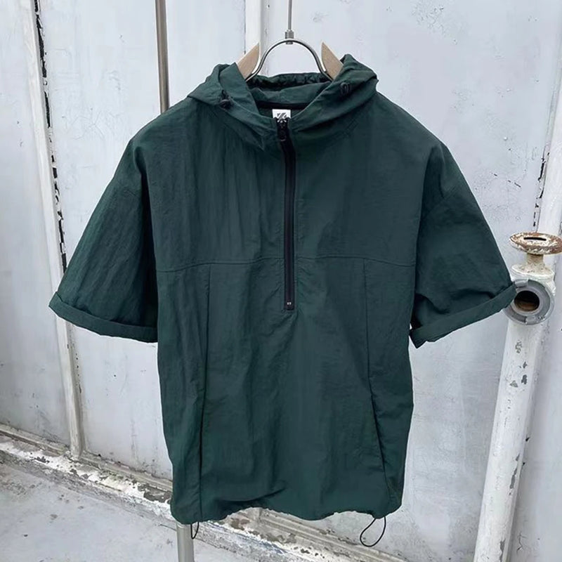 Mens Y2k Two-Piece Set 2024 Summer New Casual Loose High-Quality Zipper Fashion Hooded Work Top Solid Color Trendy Shorts Set