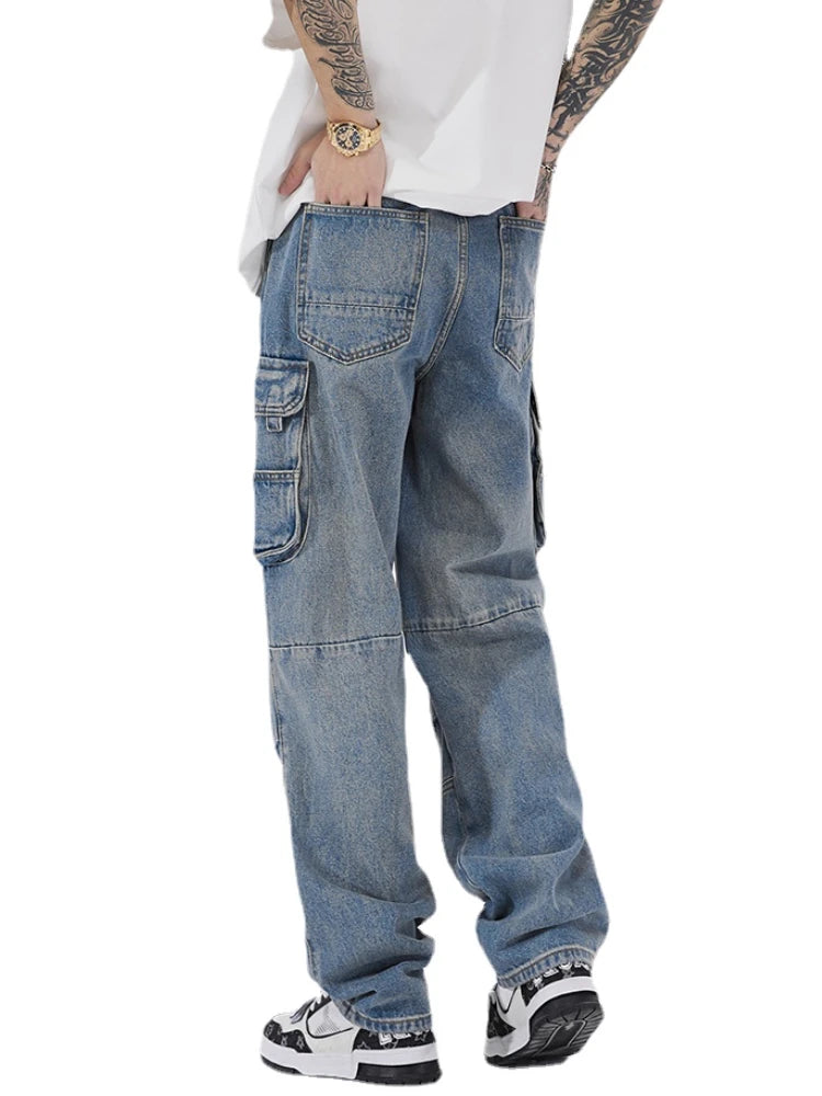 mens baggy jeans side big pocket distressed ripped denim jean straight pants high street cargo jean pants hip hop joggers jeans casual joggers