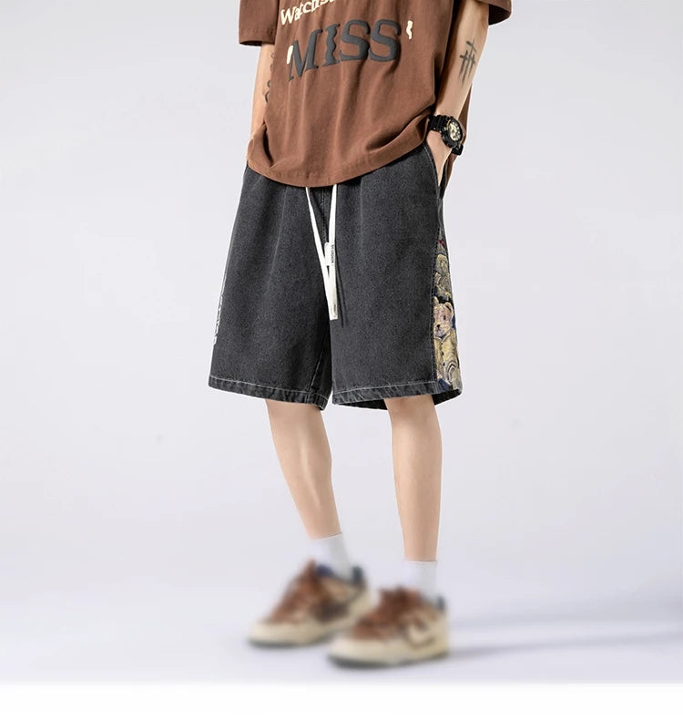 denim shorts mens trendy streetwear washed shorts side embroidery patchwork jeans shorts casual track pants unique jeans style 3283