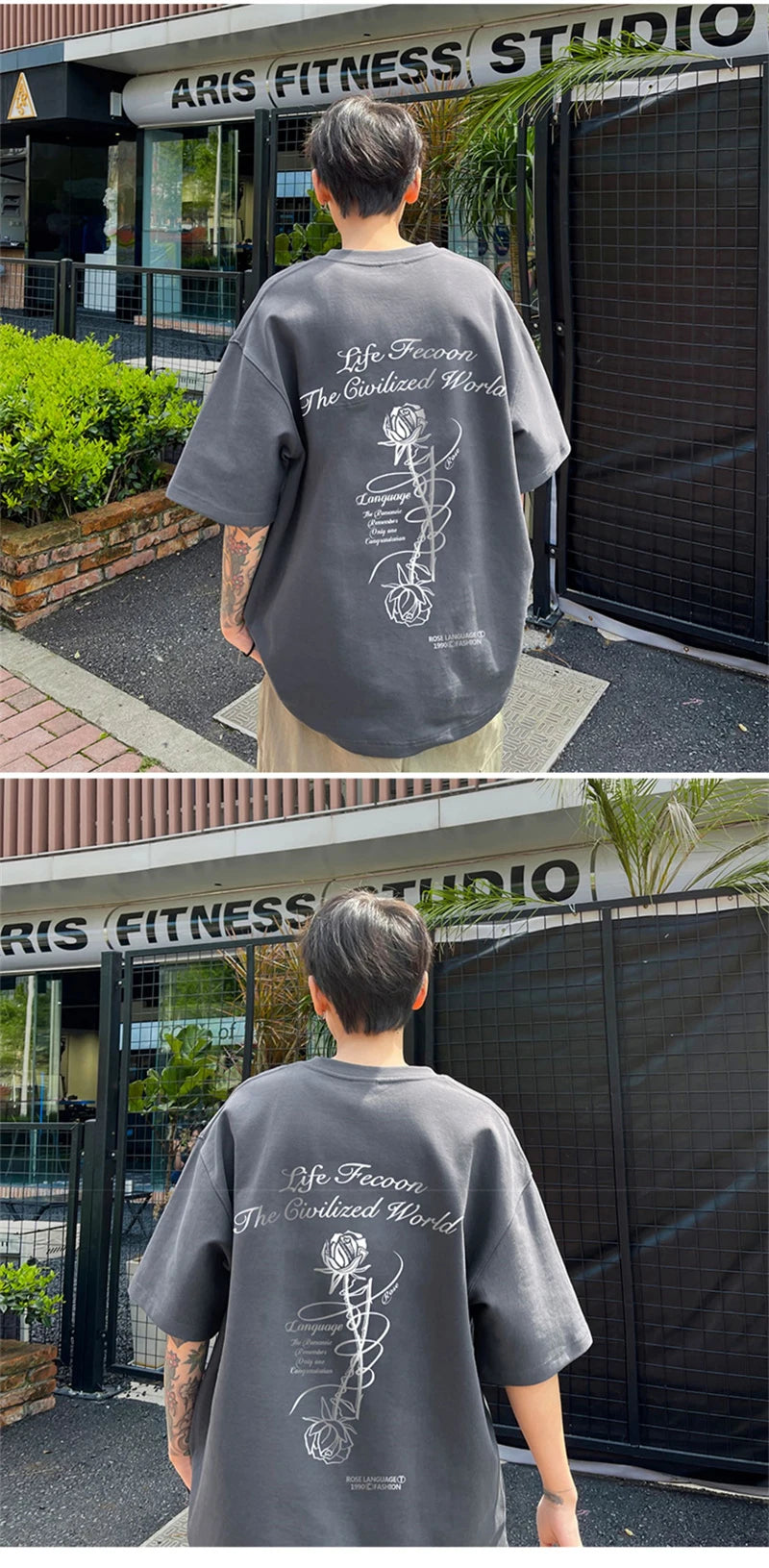 Y2k Angelcore design – Gothic Letter Rose Printed T Shirt Men Hip Hop Fashion Overs