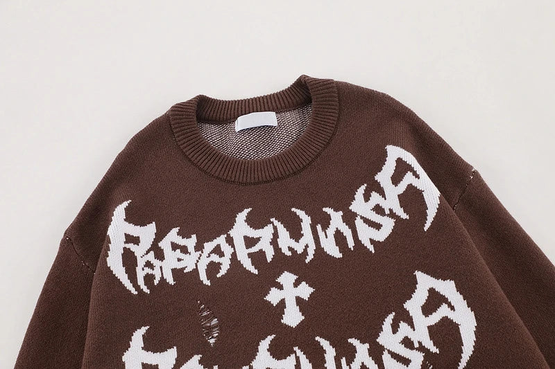 rainbowtouches men sweaters high street letter graffiti holes trendy pullover vintage loose knitted sweater spring and autumn - urban fashion pullover, anime inspired graphic hoodie, 2025 streetwear drop